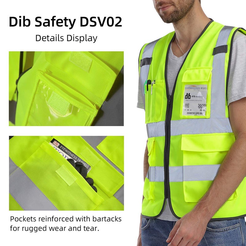 Dib Safety Reflective Vest ANSI Class 2, High Visibility Vest with Pockets and Zipper, Hi Vis Yellow L - Image 3